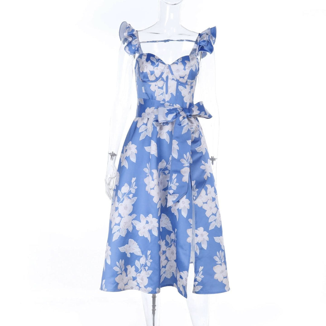 Ruffle flower print zip-up slit v neck midi dress  | Festival Outfits Women