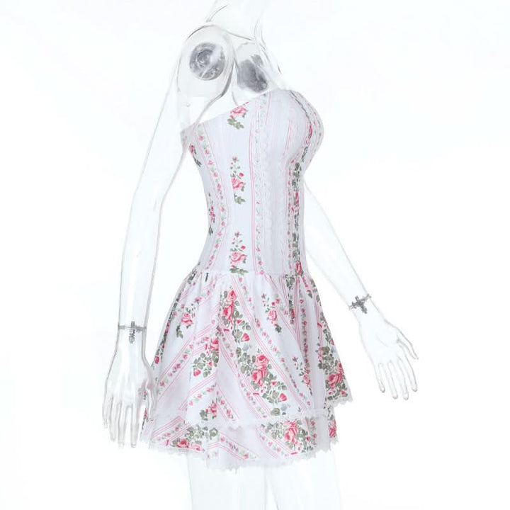 Lace hem flower print zip-up tube mini dress  | Festival Outfits Women