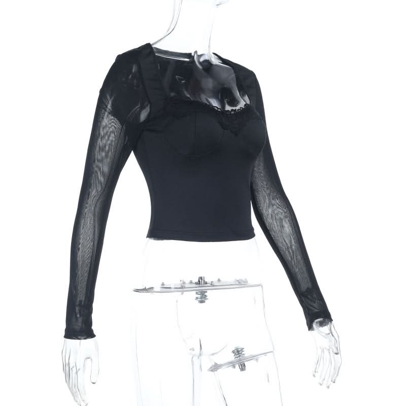 Mesh long sleeve lace hem v neck top  | Festival Outfits Women