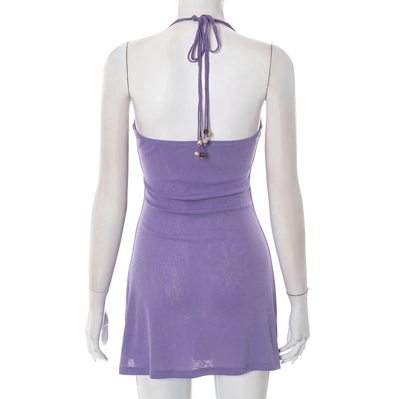 Square neck beaded halter self tie mini dress  | Festival Outfits Women