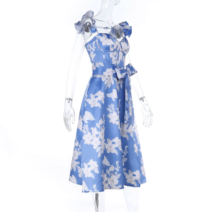Ruffle flower print zip-up slit v neck midi dress  | Festival Outfits Women