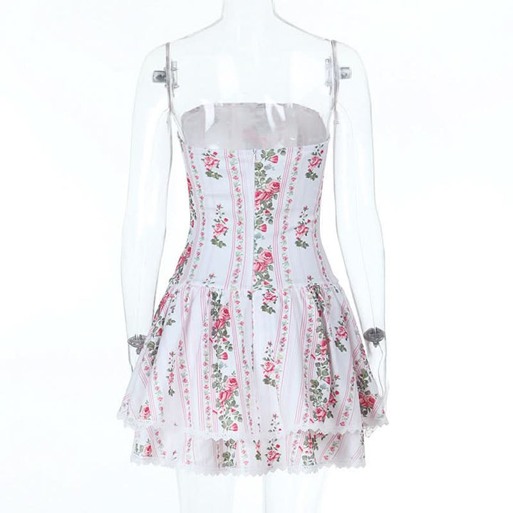 Lace hem flower print zip-up tube mini dress  | Festival Outfits Women
