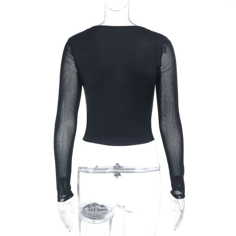 Mesh long sleeve lace hem v neck top  | Festival Outfits Women