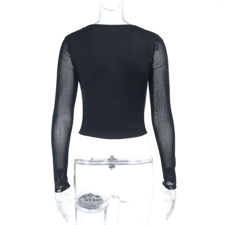 Mesh long sleeve lace hem v neck top  | Festival Outfits Women
