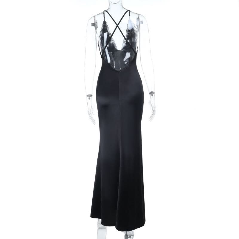Lace hem v neck cross back cami maxi dress  | Festival Outfits Women