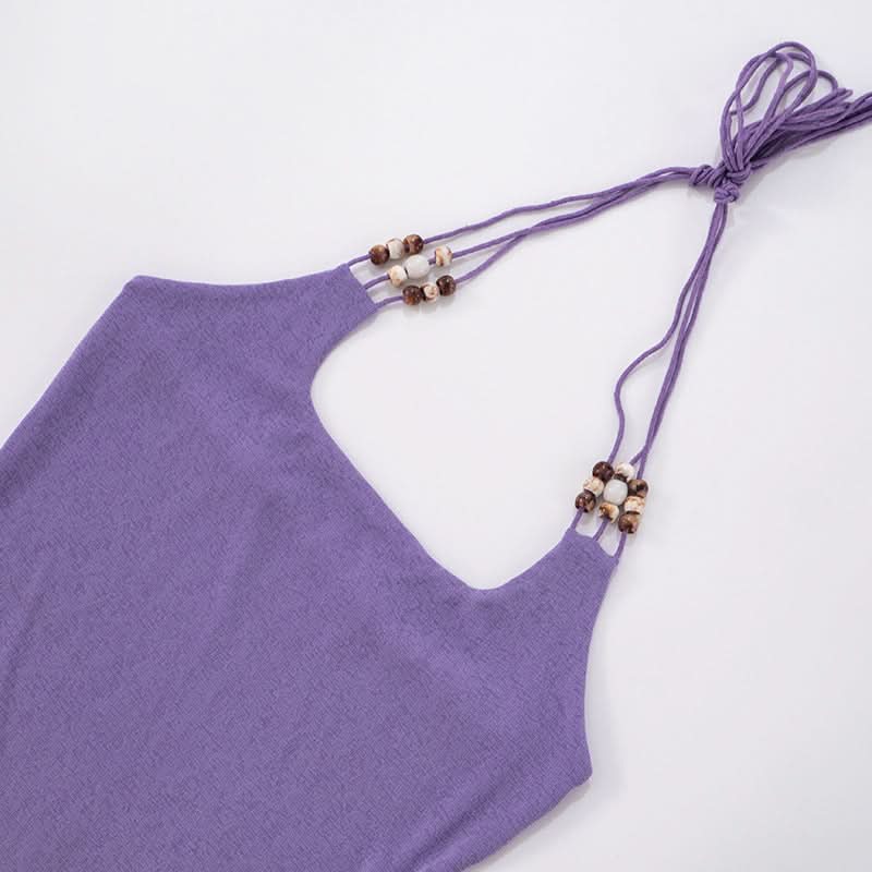 Square neck beaded halter self tie mini dress  | Festival Outfits Women