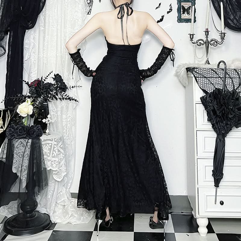 Halter self tie lace hem v neck maxi dress  | Festival Outfits Women-final-sale