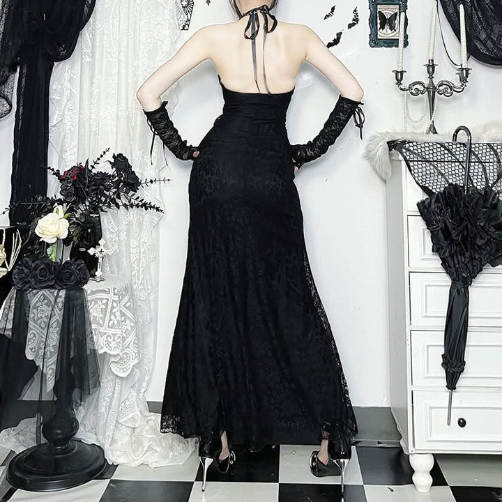 Halter self tie lace hem v neck maxi dress  | Festival Outfits Women-final-sale