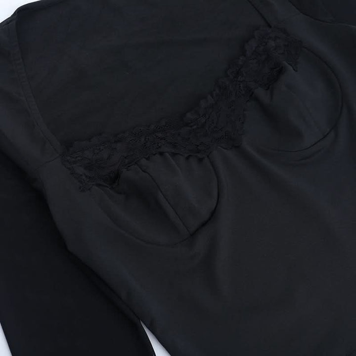 Mesh long sleeve lace hem v neck top  | Festival Outfits Women