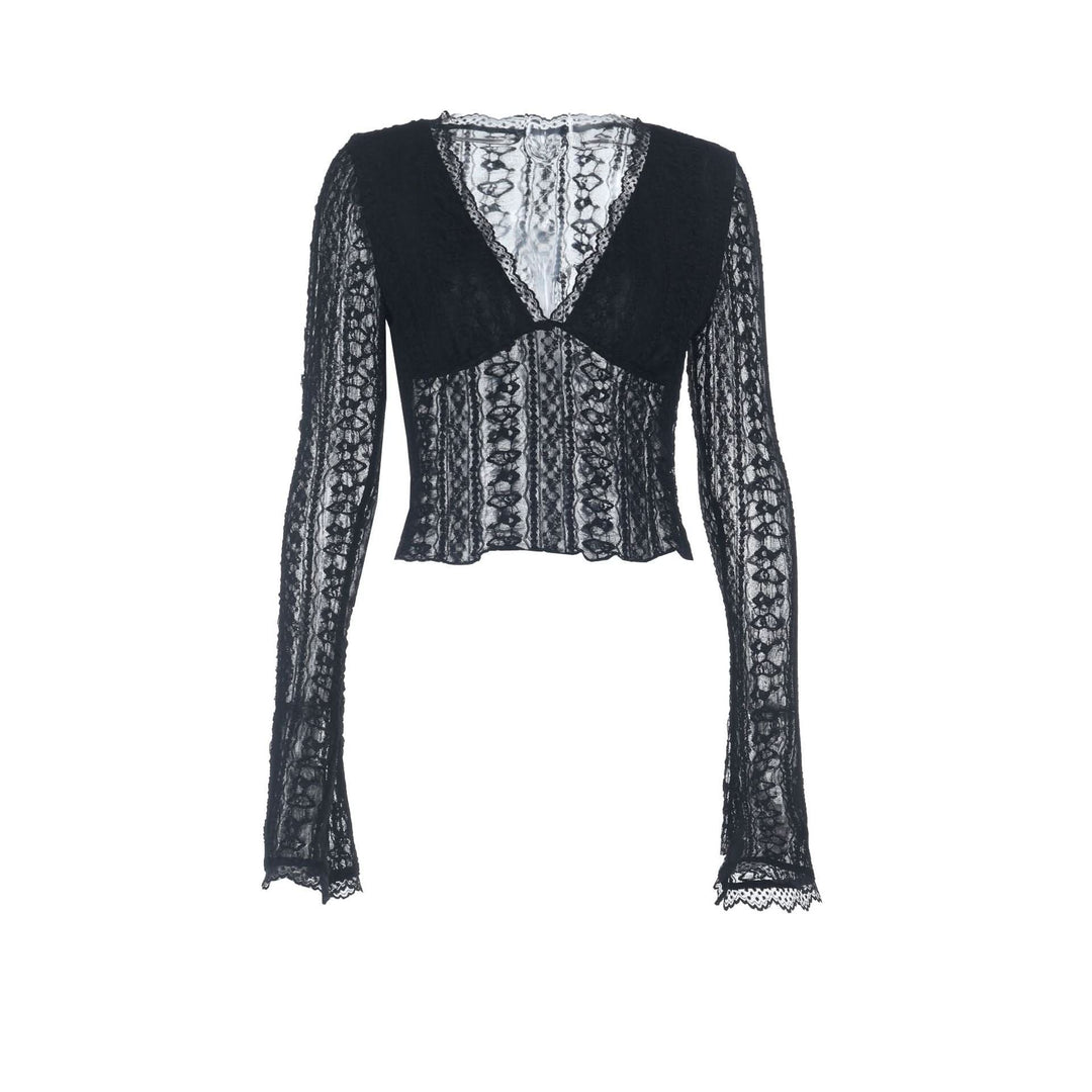 V neck lace hem long sleeve solid top  | Festival Outfits Women