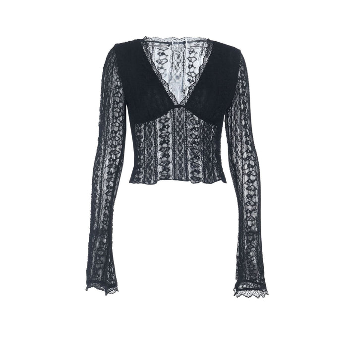 V neck lace hem long sleeve solid top  | Festival Outfits Women