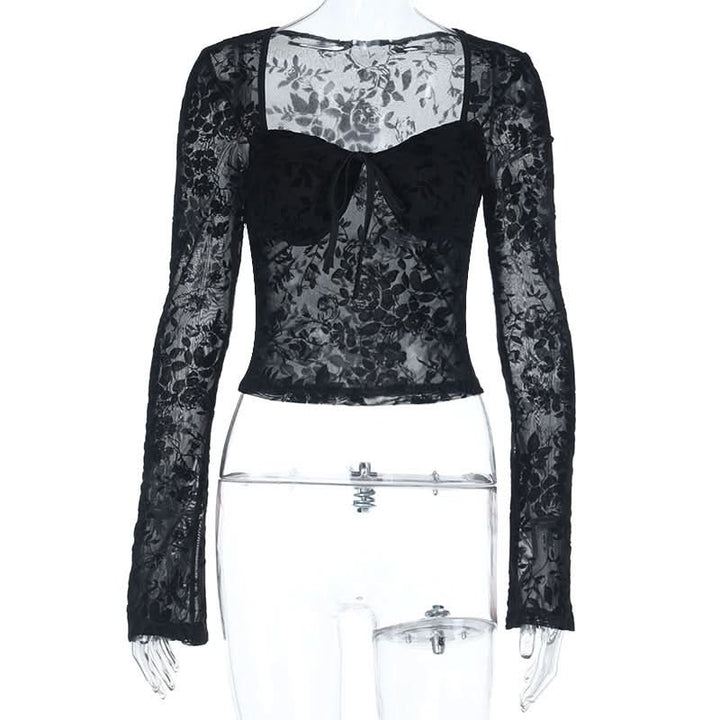 Long sleeve v neck print black top  | Festival Outfits Women-final-sale