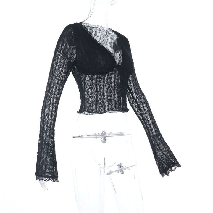 V neck lace hem long sleeve solid top  | Festival Outfits Women