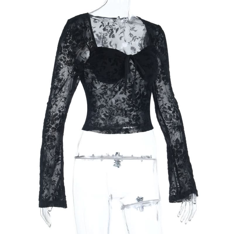 Long sleeve v neck print black top  | Festival Outfits Women-final-sale