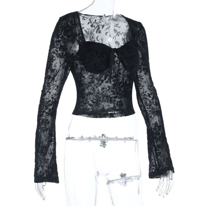 Long sleeve v neck print black top  | Festival Outfits Women-final-sale