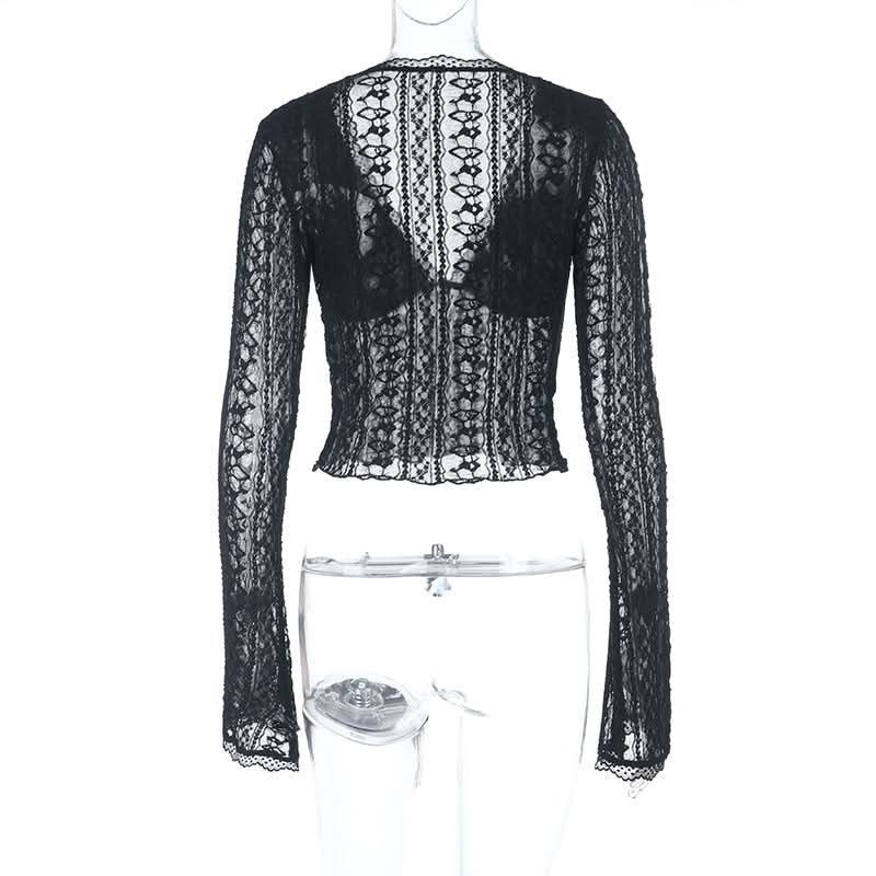 V neck lace hem long sleeve solid top  | Festival Outfits Women