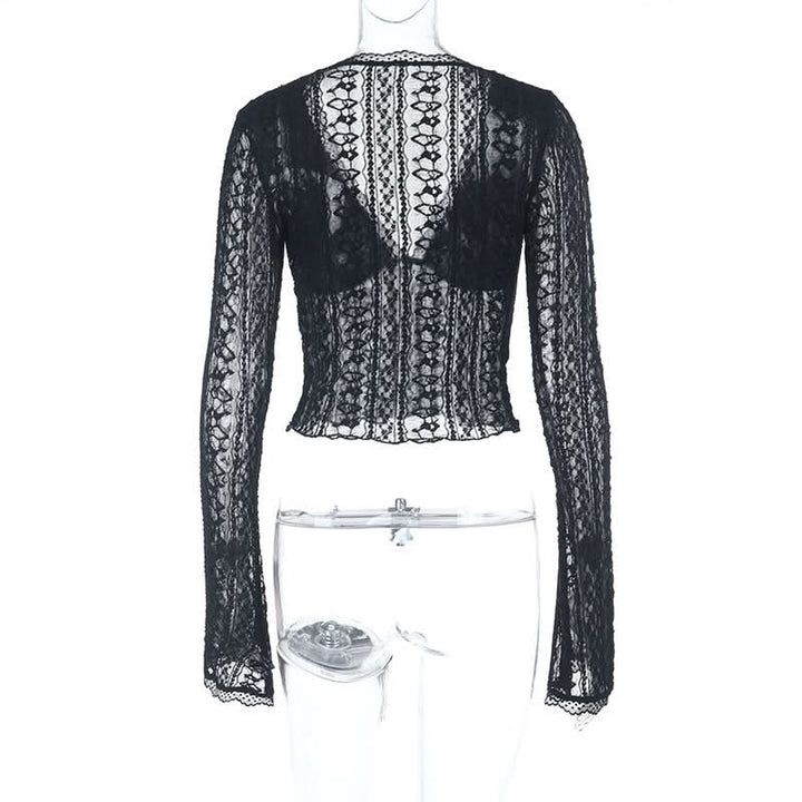 V neck lace hem long sleeve solid top  | Festival Outfits Women
