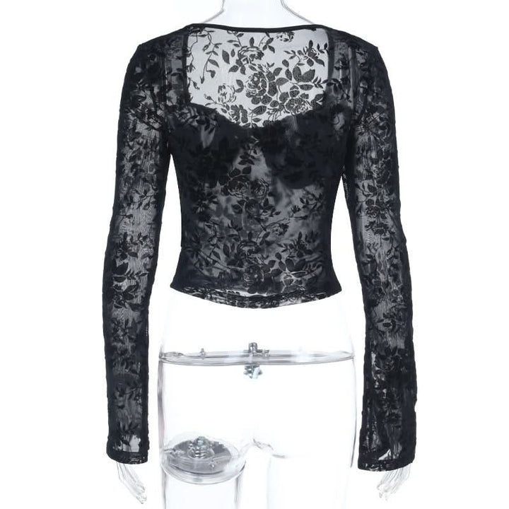 Long sleeve v neck print black top  | Festival Outfits Women-final-sale