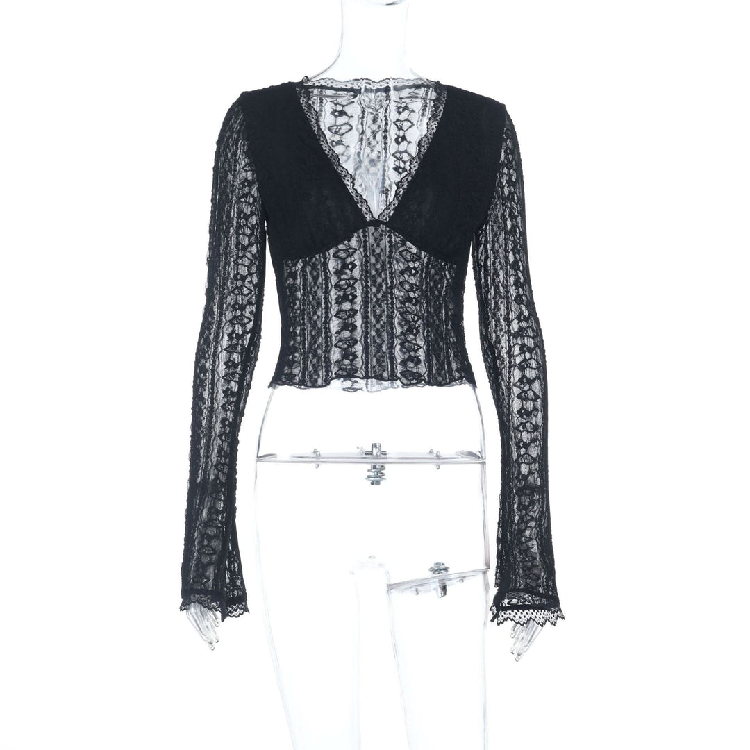 V neck lace hem long sleeve solid top  | Festival Outfits Women