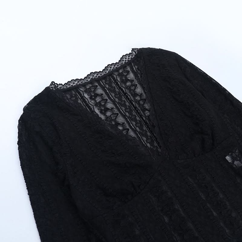 V neck lace hem long sleeve solid top  | Festival Outfits Women