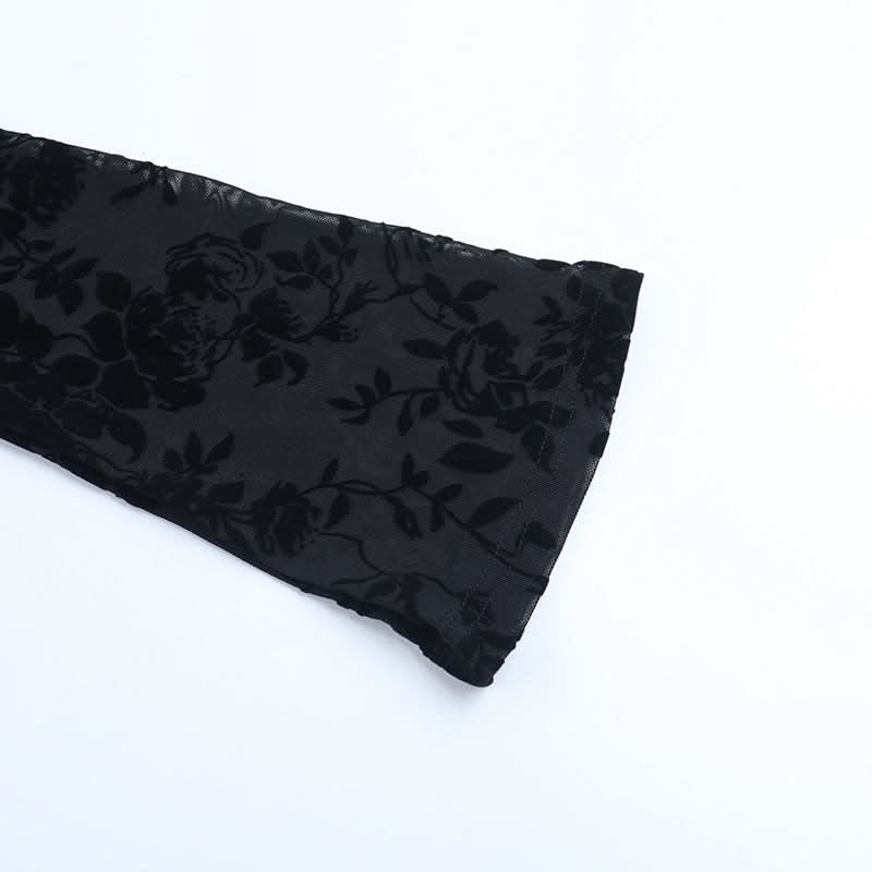Long sleeve v neck print black top  | Festival Outfits Women-final-sale