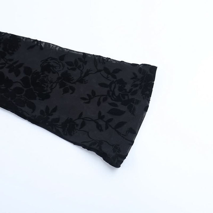 Long sleeve v neck print black top  | Festival Outfits Women-final-sale