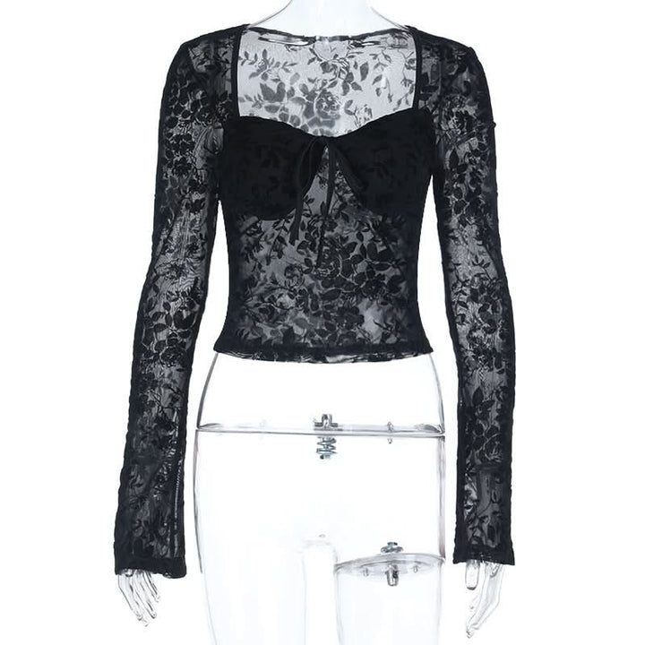 Long sleeve v neck print black top  | Festival Outfits Women-final-sale
