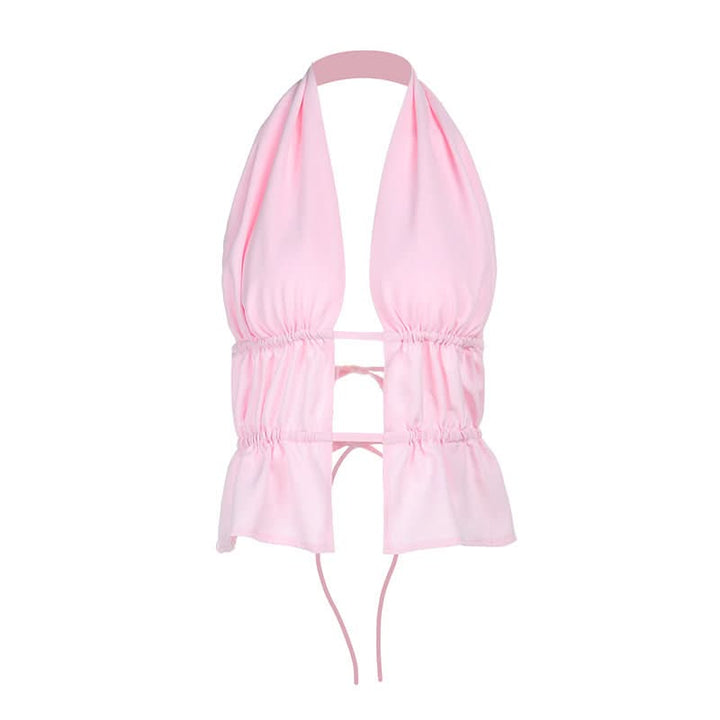 Halter ruched self tie hollow out pink cut out top  | Festival Outfits Women
