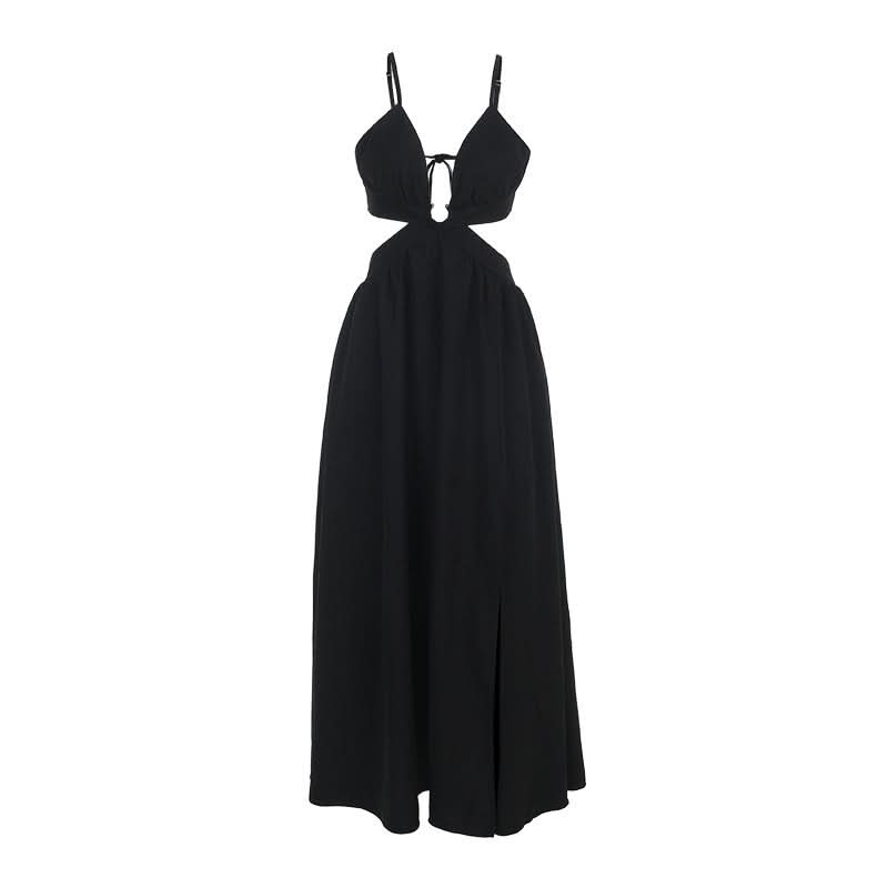 Hollow out deep v neck zip-up slit cami cut out maxi dress  | Festival Outfits Women