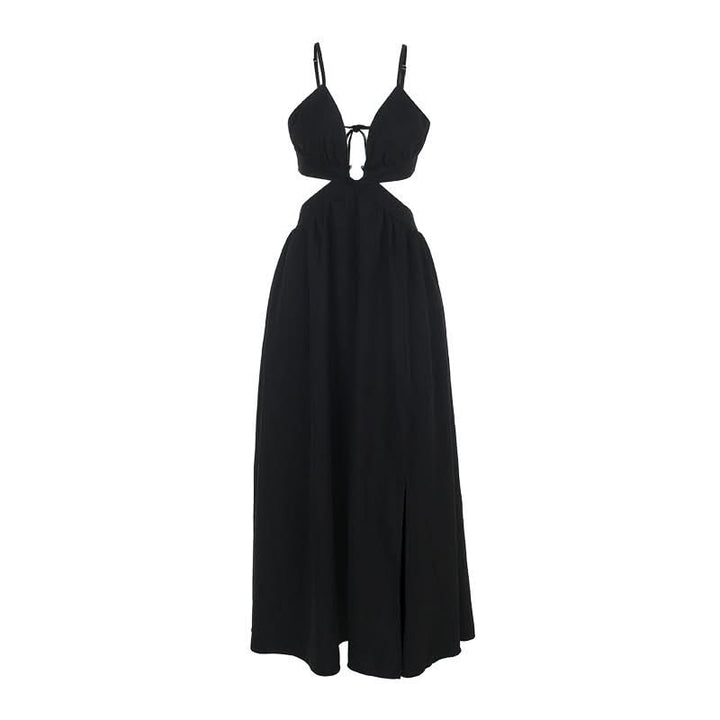 Hollow out deep v neck zip-up slit cami cut out maxi dress  | Festival Outfits Women