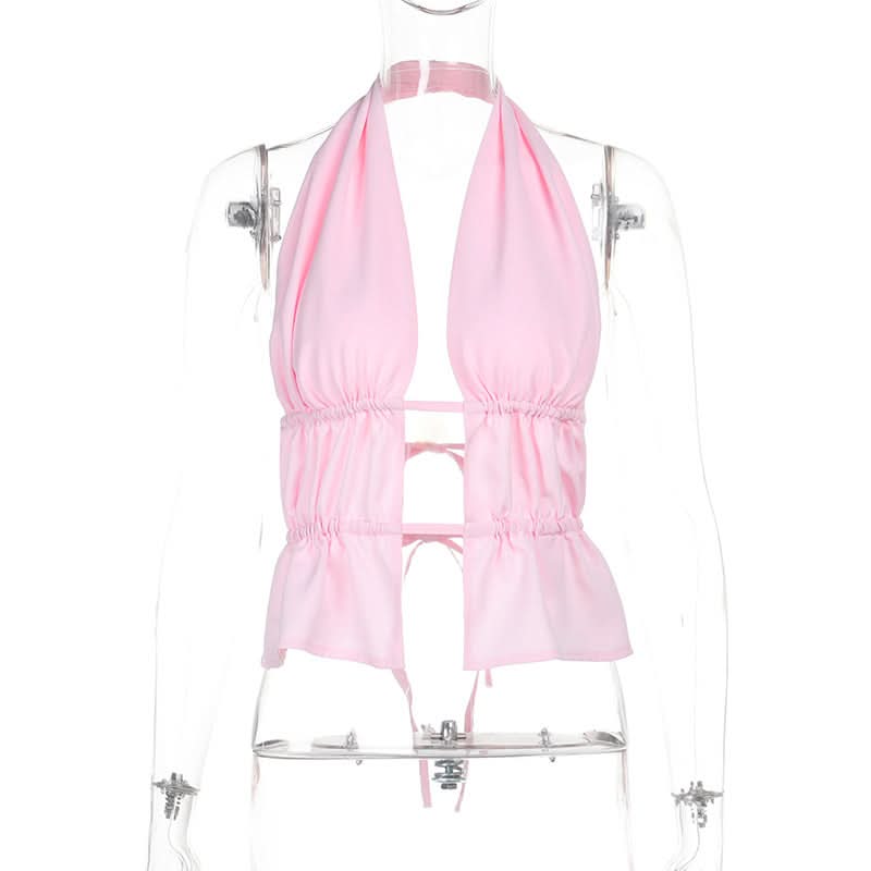 Halter ruched self tie hollow out pink cut out top  | Festival Outfits Women