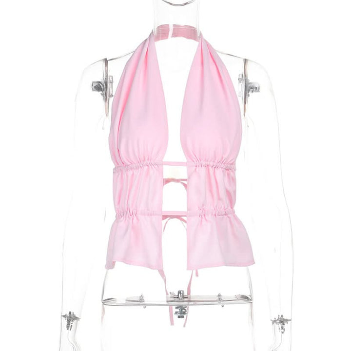 Halter ruched self tie hollow out pink cut out top  | Festival Outfits Women