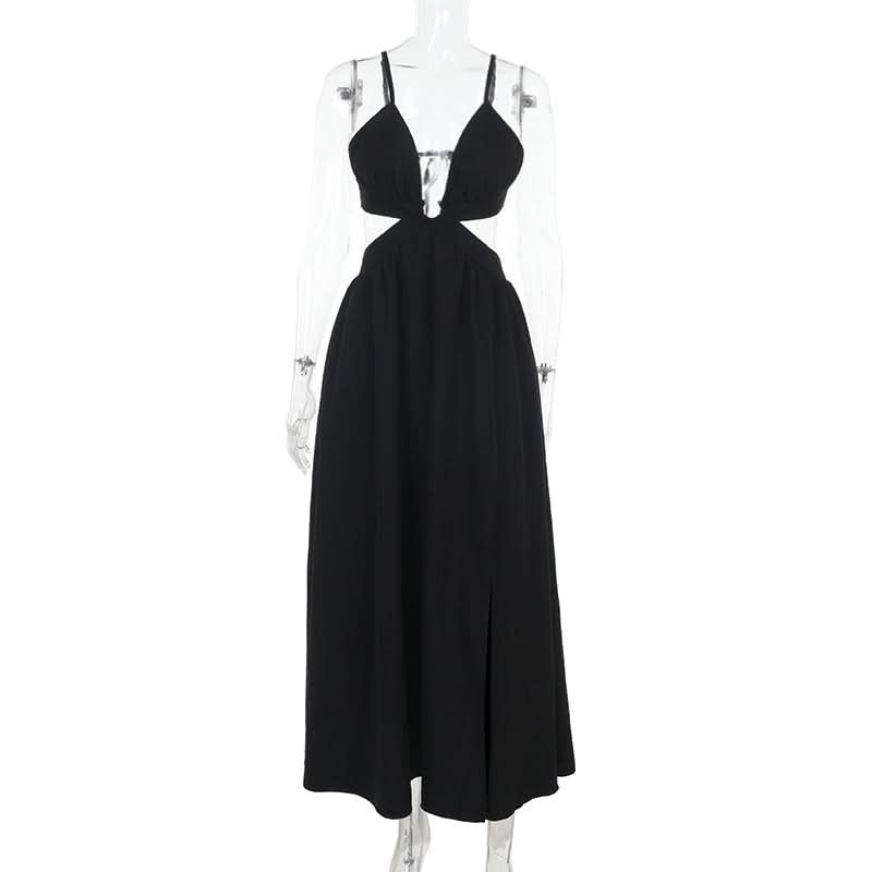 Hollow out deep v neck zip-up slit cami cut out maxi dress  | Festival Outfits Women
