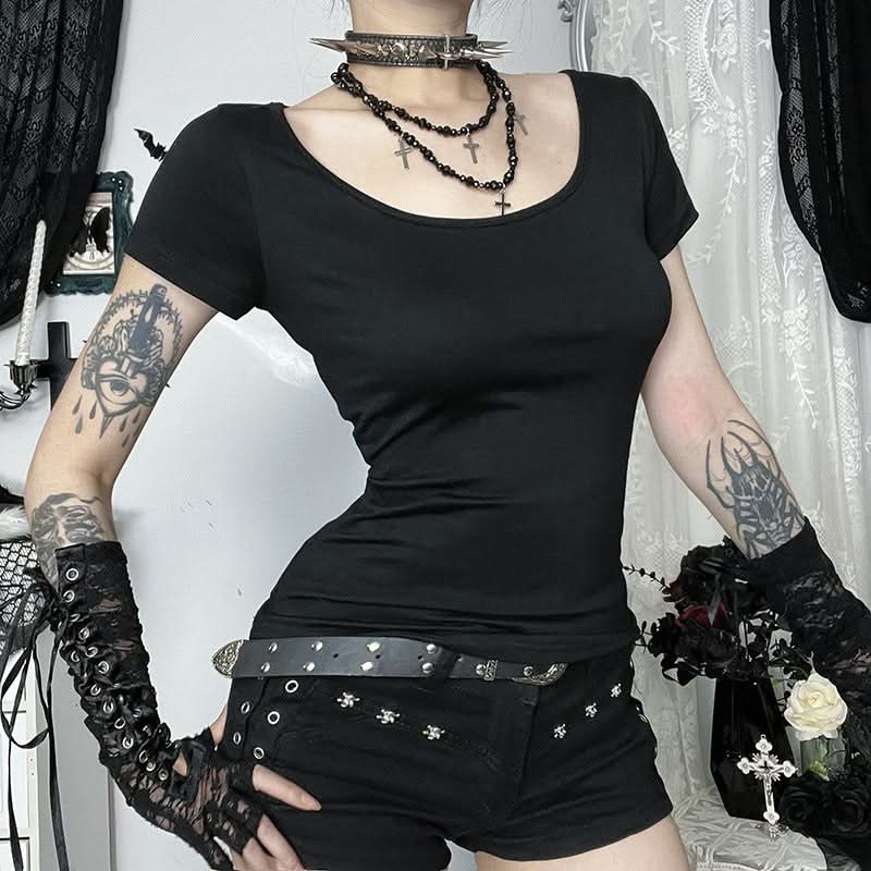 Short sleeve round neck hollow out 2-way cut out top  | Festival Outfits Women
