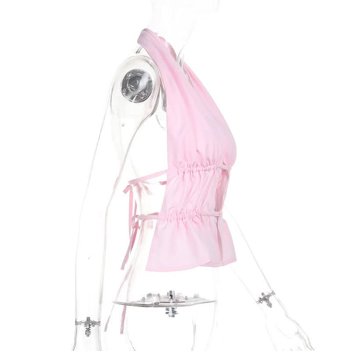 Halter ruched self tie hollow out pink cut out top  | Festival Outfits Women
