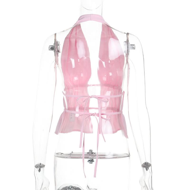 Halter ruched self tie hollow out pink cut out top  | Festival Outfits Women