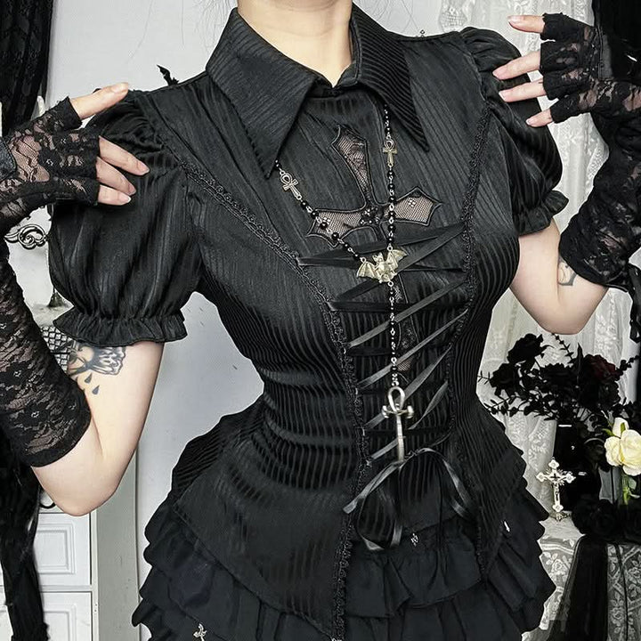 Short sleeve turnover collar smocked lace up top  | Festival Outfits Women