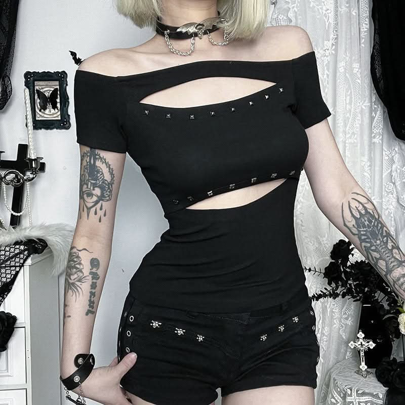 Hollow out off shoulder beaded short sleeve cut out top  | Festival Outfits Women