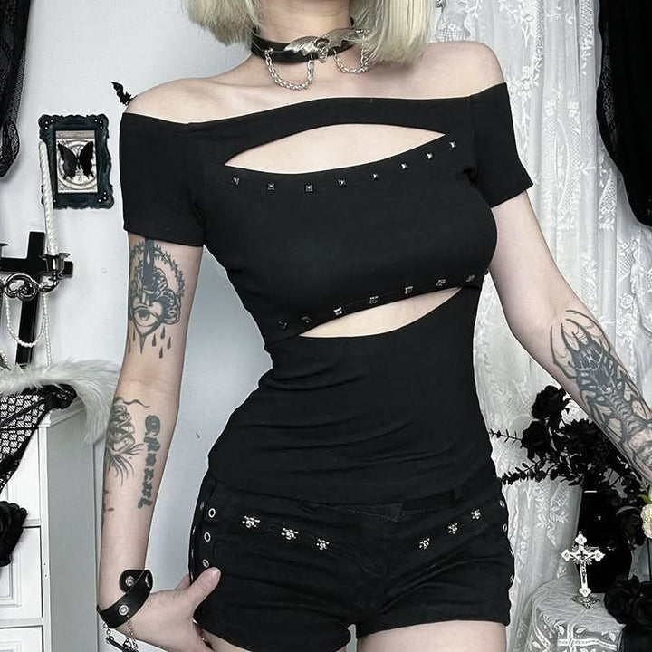 Hollow out off shoulder beaded short sleeve cut out top  | Festival Outfits Women