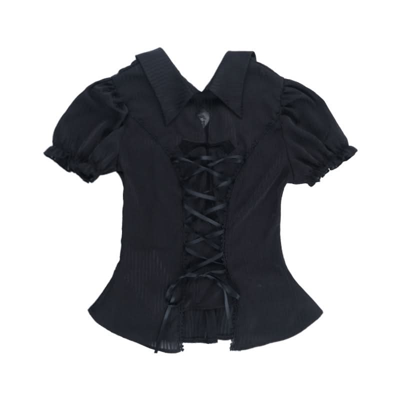 Short sleeve turnover collar smocked lace up top  | Festival Outfits Women
