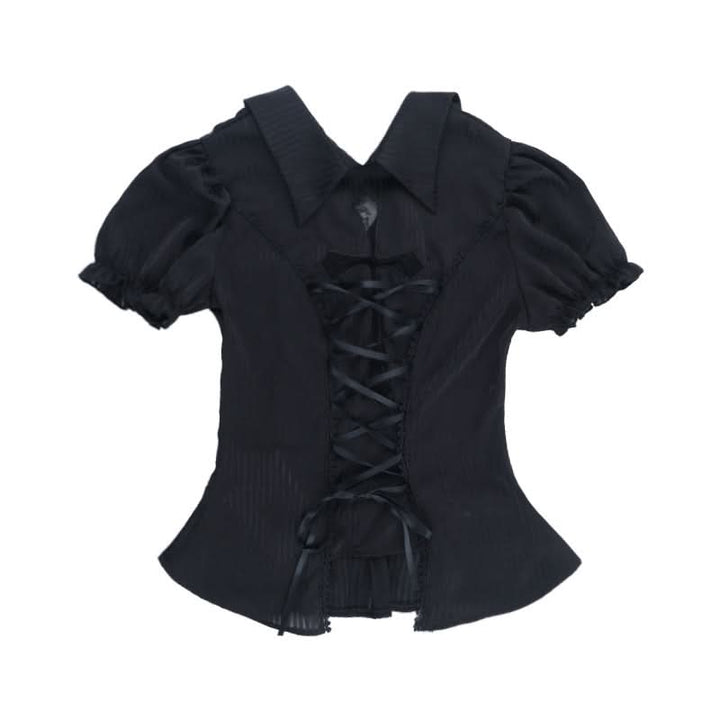 Short sleeve turnover collar smocked lace up top  | Festival Outfits Women