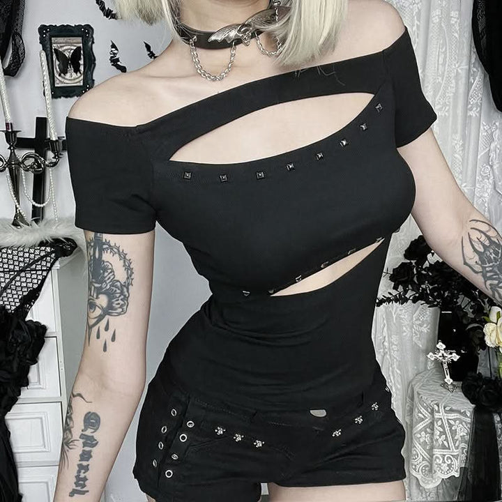 Hollow out off shoulder beaded short sleeve cut out top  | Festival Outfits Women