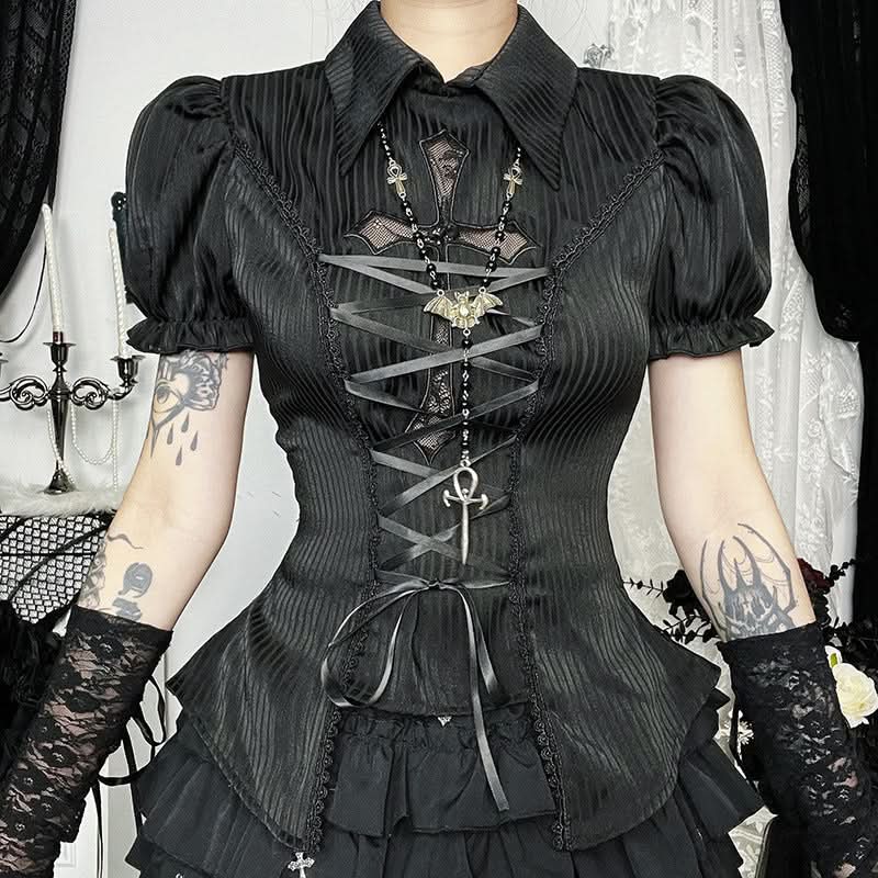 Short sleeve turnover collar smocked lace up top  | Festival Outfits Women