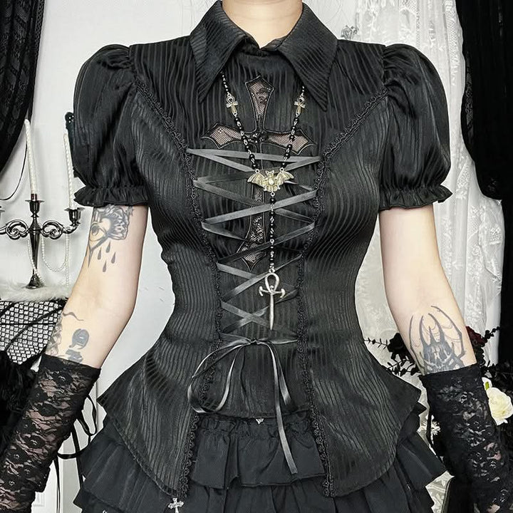 Short sleeve turnover collar smocked lace up top  | Festival Outfits Women