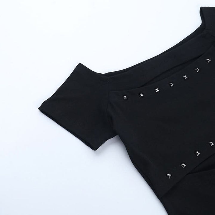 Hollow out off shoulder beaded short sleeve cut out top  | Festival Outfits Women
