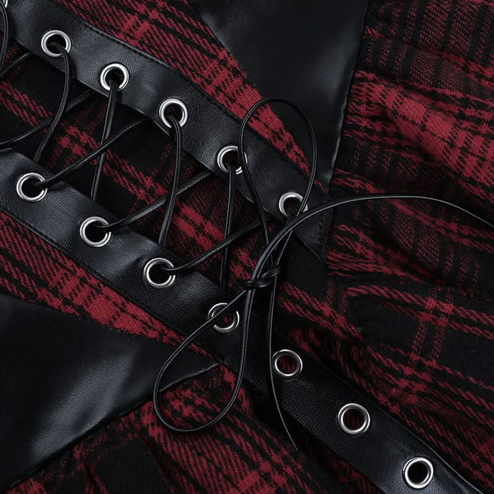 Lace up irregular plaid cami mini dress  | Festival Outfits Women