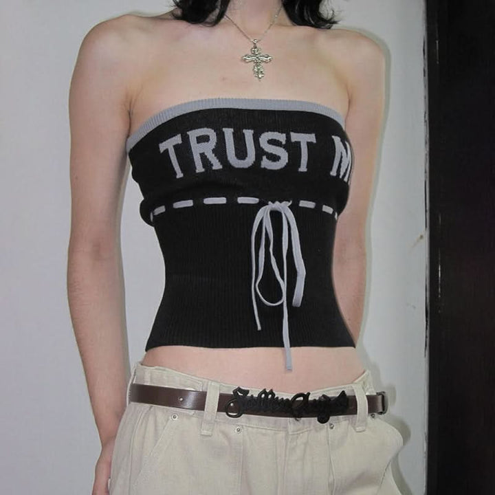 Ribbed self tie "TRUST ME" pattern tube top  | Festival Outfits Women