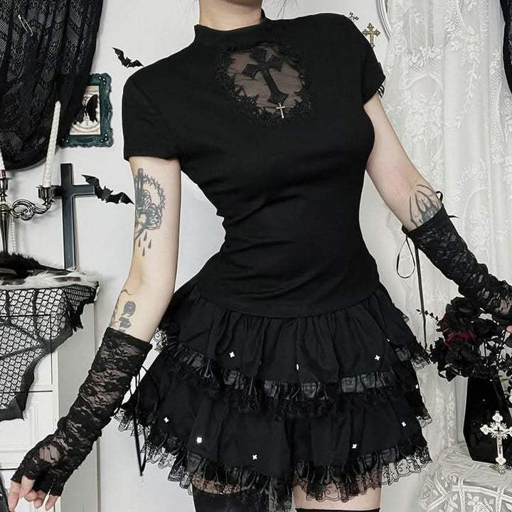 Ruched lace hem A line black mini skirt  | Festival Outfits Women