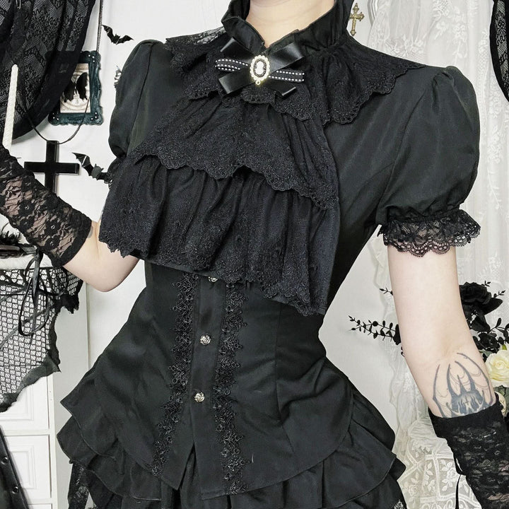 Lace hem bowknot short sleeve black top  | Festival Outfits Women