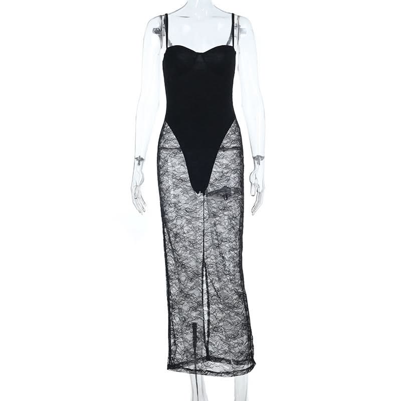 Slit v neck lace backless cami midi dress  | Festival Outfits Women-final-sale